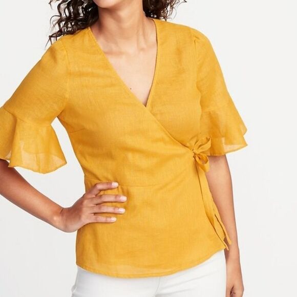 Old Navy Mustard Yellow Linen Blend Surplice Wrap Flutter Sleeve Top Medium - Picture 1 of 8